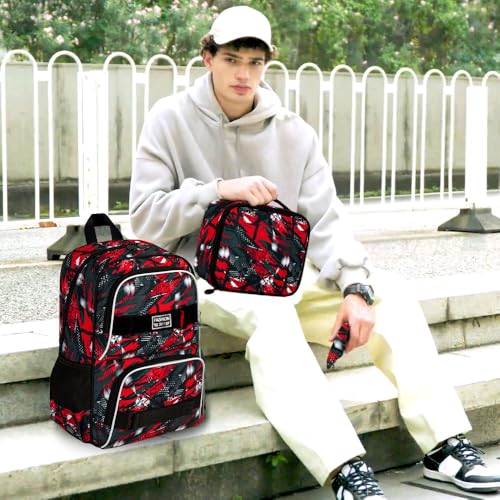 3Pcs Boys Backpack, 17 Inches School Bookbag Set for Teens College Students, Graffiti Laptop Backpacks with Lunch Box (Red)
