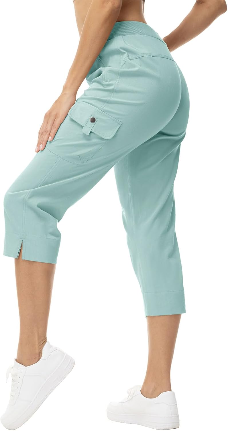 YSENTO Womens Cargo Capri Pants with Pockets Hiking Summer Shorts Lightweight Quick Dry Athletic Joggers Grey Blue L
