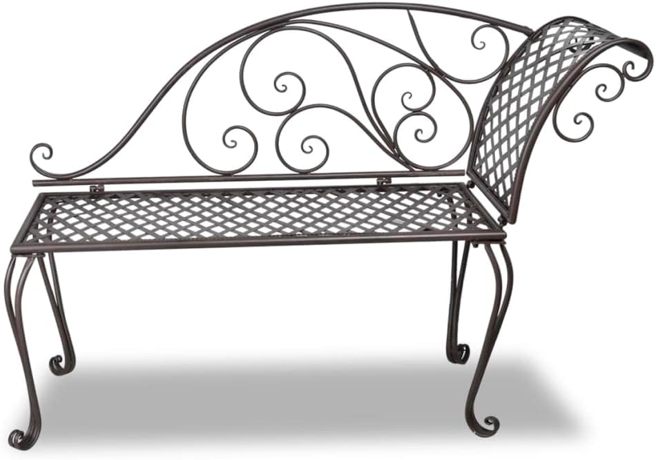 Patio Chaise Lounge 50.4 Inch Outdoor Furniture. Steel Scroll Design Antique Brown Weatherproof Garden Recliner for Poolside Backyard Relaxation