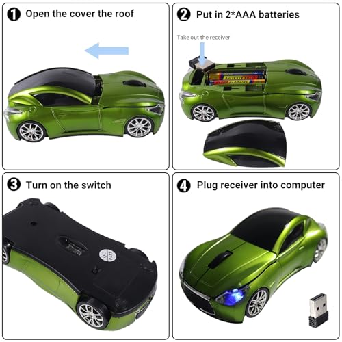 Image of elec Space Wireless Mini Mouse with Case - Cute Sports Car Shape, Lightweight & Portable, 10m Range, Plug and Play (Green)