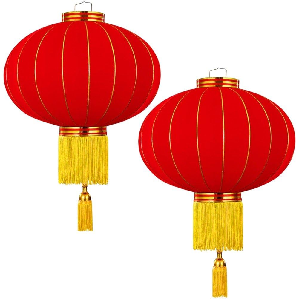Baokuan Chinese New Year Lantern, Traditional Spring Festival Hanging Ornament, Flocking Cloth Lantern with Tassels for Lunar New Year