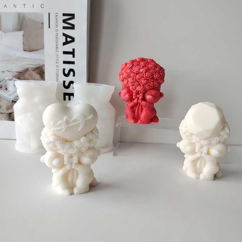 Miniatura 5 de Dos pequeños osos sosteniendo rosas y forma de amor moldes de silicona para hacer velas, resina, velas de aromaterapia, jabón de cera hecho a mano,
