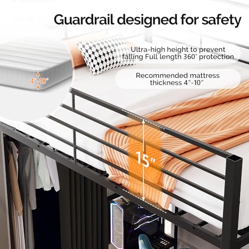 Image of VINGLI Full Loft Bed 15 Inch Extra Tall Safety Guardrail, Wardrobe with Curtain, and Flat Rungs, LED High Double Sleeper with 2 Charging Stations, Desk and Drawer, Heavy Duty Space Saving Bed, Black