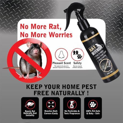 Image of Rat Defence Spray, Natural Rodent Repellent, Black Bottle, 200ml, Easy to Apply, Long Lasting Home, Rat Defense For Car Pack Of 2 (Chamomile)