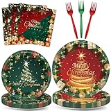 Package includes: Each set includes 24 pieces of 9 inch Christmas tree dinner plates, 24 pieces of 7 inch merry Christmas dessert plates, 24 pieces of 6.5 inch holiday napkins, and 24 forks. This complete Christmas tableware set is ideal for serving ...