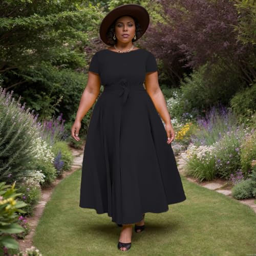Image of Hostoyo Women Plus Size Formal A Line Maxi Dress Self Tie Waist with Pockets Elegant Round Neck Swing Long Dresses