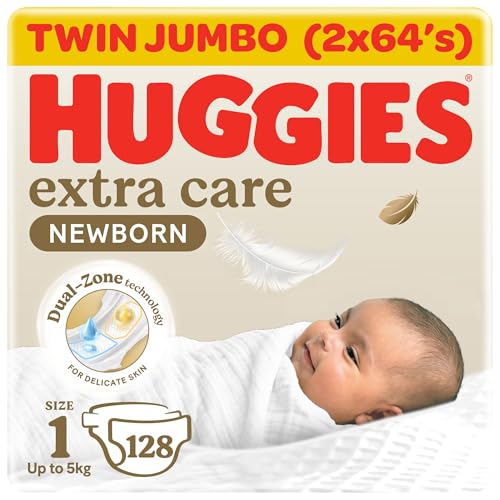 Huggies Extra Care Newborn Baby Diapers Size 1 (Up to 5 kg) Twin Jumbo Pack 128 Diapers