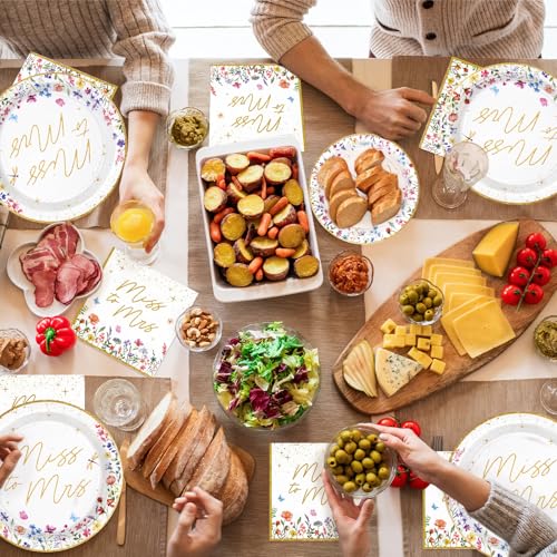 Image of Greencian 96Pcs Wildflower Floral Bridal Shower Party Decorations Serve 24 | Watercolor Floral Miss to Mrs Plates Napkins Gold Foil Tableware Sets Bride to Be for Women Wedding Engagement Party Favor