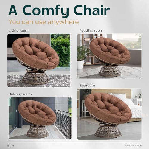 Image of Bme Ergonomic Wicker Papasan Chair with Soft Thick Density Fabric Cushion, High Capacity Steel Frame, 360 Degree Swivel for Living, Bedroom, Reading Room, Lounge, Cinnamon Mocha - Brown Base