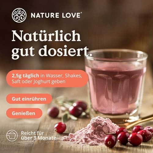 NATURE LOVE® D-Mannose Pulver mit Cranberry - 250 Gramm Pulver zum Auflösen in Wasser - 100 Tage Reichweite - mit Dosierlöffel - hochdosiert, vegan, laborgeprüft & in Deutschland produziert 3