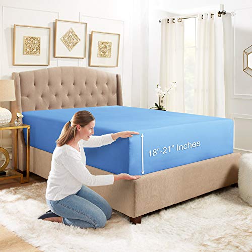 Empyrean Bedding Extra Deep Pocket Queen Fitted Sheet - Queen Deep Pocket Sheets for 18-21 Inch Beds - Deep Pocket Fitted Sheet for Queen Size Bed - Queen Sheets Deep Pocket That Stays On - Calm Blue