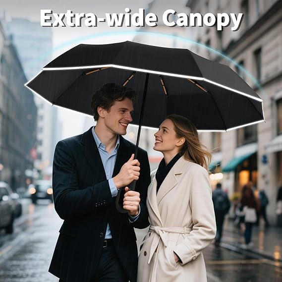 Image of Auto Open Umbrella with Carabiner Hook Handle - 3 Fold Compact Travel Umbrella for Men & Women | Double Fibreglass Wind Resistant Frame | UV Coated Sun & Rain Protection