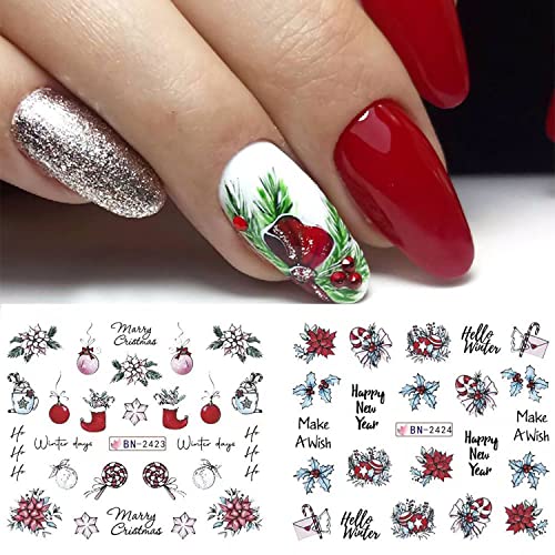 12 Sheets Christmas Nail Art Stickers Winter Holly Tree Gingerbread Water Transfer Nail Decals Christmas Tree Pinecone Nail Art Decoration Holiday Manicure Supplies For Women Girls #TOP1