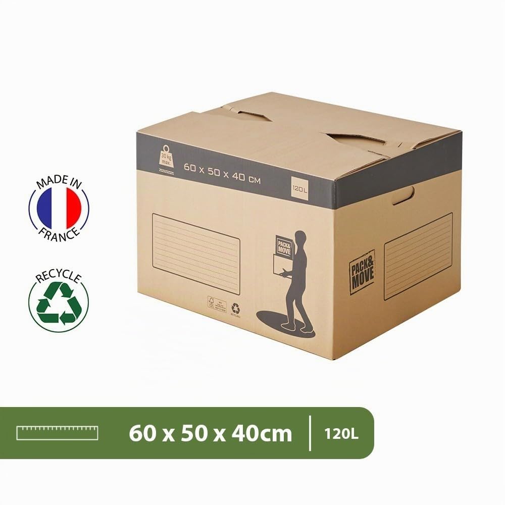 Pack and Move - Lot 20 cartons déménagement automatique - 60 x 50 x 40 cm - Poignées renforcées