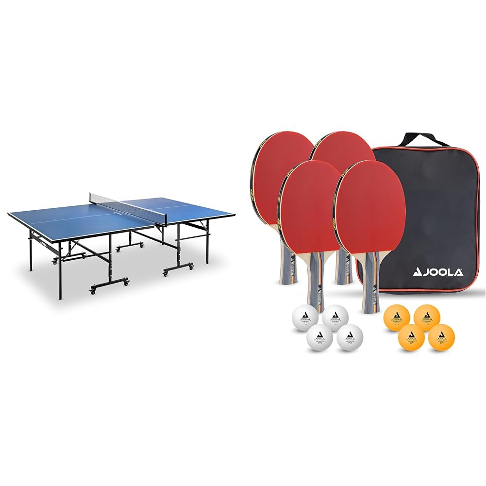 JOOLA Indoor Ping-Pong Table 13, Unisex-Adult, Indoor Ping-Pong Table, Folding Base - Quick Assembly - Net Included, Blue, 274 x 152.5 x 76 cm & 54825 Tennis Set, Multicoloured, Single (54825)