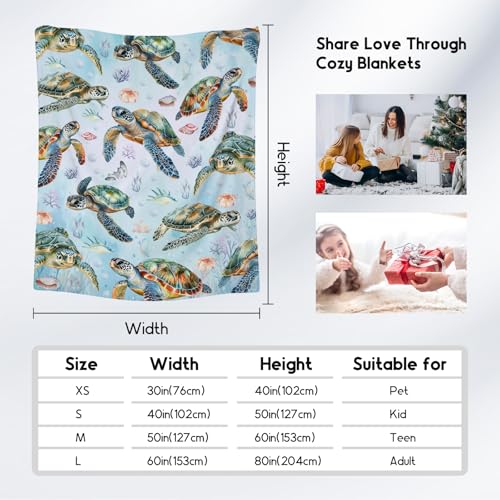 Turtle Blanket for Girls Boys, Cute Soft Gifts for Ocean Lovers, Cozy Flannel Throw for Bed Travel, 50"x60"