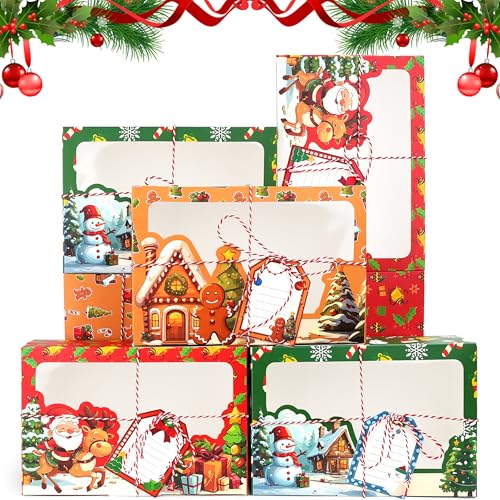 15 Stück Kraftpapier Geschenkboxen Weihnachten Keksboxen mit Fenster und Tags Süßigkeitskästen Weihnachts Kekskästen Boxen Geschenk-Verpackung für Bäckerei Weihnachten Party (Stil B)