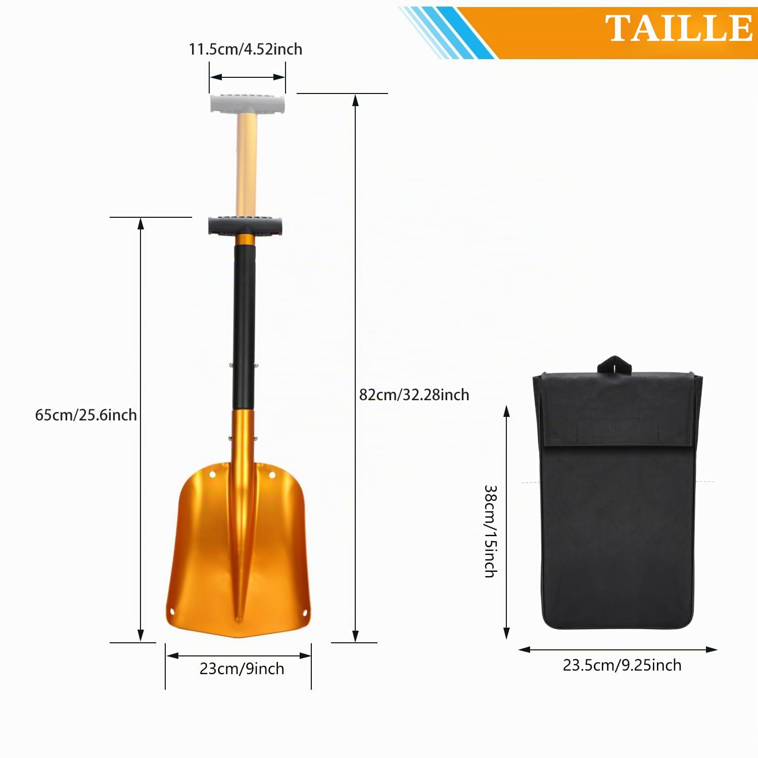 Pelle à neige pliable 4 en 1, pelle à avalanche en aluminium robuste avec sac, pelle amovible de 40 x 30 cm pour voiture, urgence, camping, allée et déneigement dans le jardin