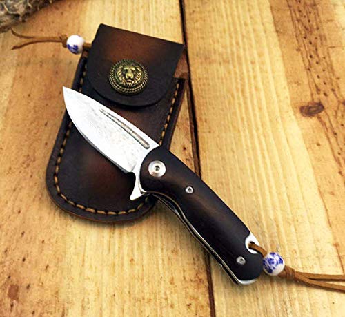 Ideaselection Haute QUALITÉ Outdoor Couteau de Poche avec Couteau Pliant Damas Acier Couteau de Chasse Lame a Ressort Couteau de Camping Manche en Bois Couteau Multi Outils a Main la Gaine Cuir EDC