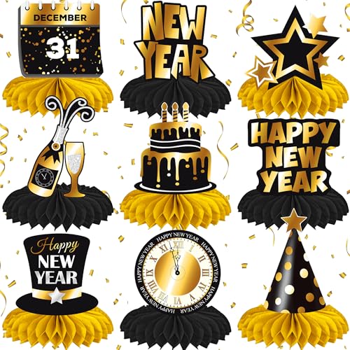 Happy New Year Party Supplies 2026 New Year Honeycomb Centerpieces New Years Eve Table Decorations 12Pcs New Year Theme Centerpieces for New Year Birthday Party Baby Shower Decor