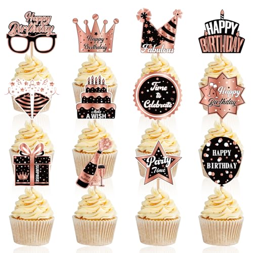 48pcs Rose Gold Party Supplies,Rose and Gold Birthday Party Cupcake Toppers for Kids Gift Birthday Favors Kid's Birthday Party cake Decoration Supplies