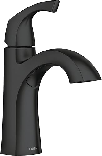 Moen Lindor 84505BL - Grifo de lavabo de baño con 1 manija de un solo agujero, color negro mate con drenaje y placa de cubierta