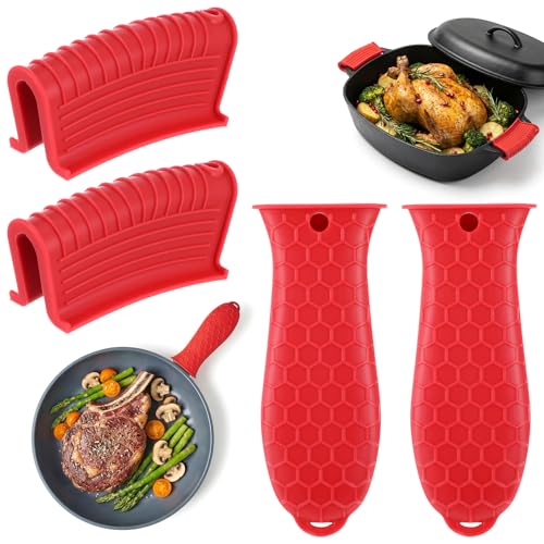 Grevosea Paquete de 4 fundas de mango de sartén de hierro fundido, fundas de silicona resistentes al calor, antideslizantes, funda de mango de hierro fundido, funda de mango de sartén para sartenes