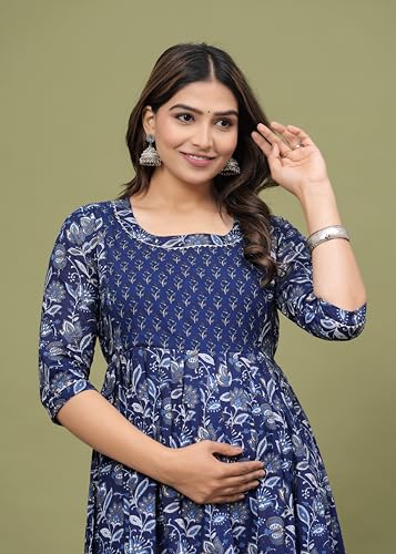 Image of Women's Feeding Kurta Cotton | Floral Anarkali Pregnancy Kurta with Nursing Zipper | Pre & Post Partum | Maternity Dresses | Mom to Be Gift