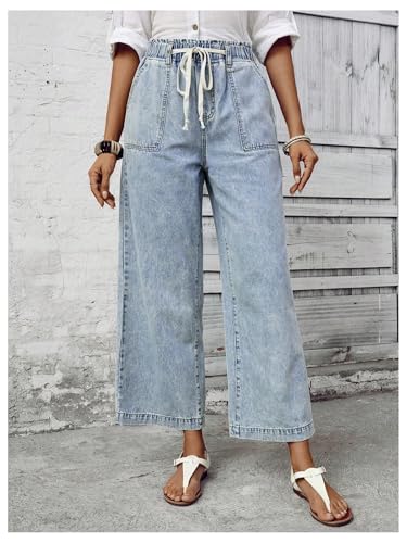 SweatyRocks Women's Drawstring High Waist Wide Leg Casual Baggy Jeans Loose Denim Pants4