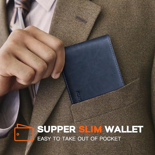 Image of RUNBOX Wallet for Men Slim Leather Bifold RFID Blocking Minimalist Front Pocket Design with Gift Box | Minimalist Front Pocket Design, Holds 8 Cards, RFID Protection, Gifts for Men on Birthdays, Father's Day, and Christmas