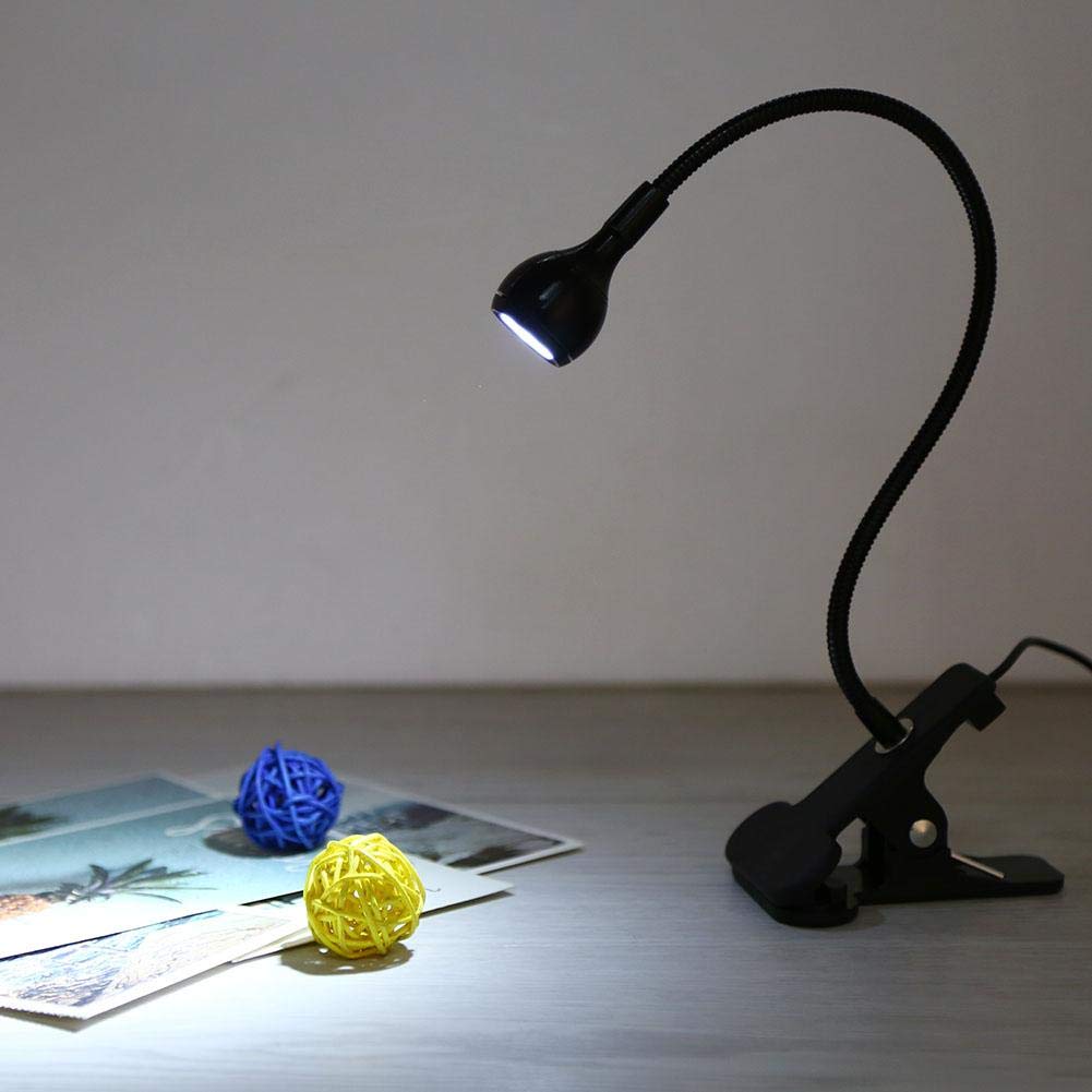 Nikou Lampa do czytania książek, zacisk do biurka i łóżka, lampa zaciskowa LED z łabędzią szyją, elastyczna lampka do czytania z zasilaniem USB, lampa biurkowa do stołu i łóżka (zimna biel, 1 W)