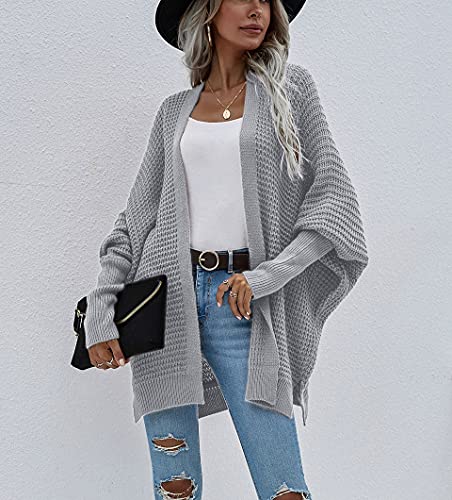 Image of Women's Waffle Cardigan Ribbed Cuffs Open Front Knit Sweater Batwing Long Sleeve Casual Loose Chunky Coat Outwear(M,Light grey2)
