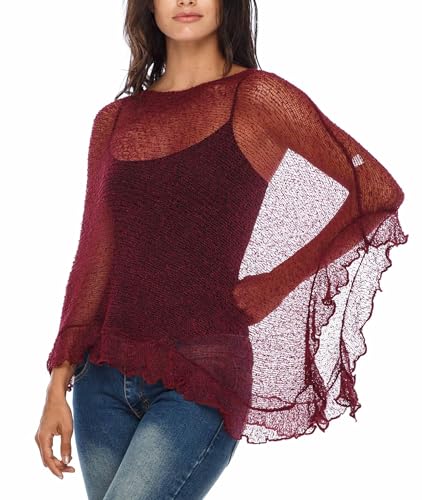 Image of SHU-SHI Women's Sheer Knit Poncho Shrug Lightweight Asymmetrical Ruffle Wrap Dressy Summer Shawl Cover Up Top