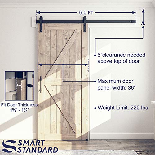 Image of SMARTSTANDARD 6FT Sliding Barn Door Hardware Whole Kit (Include 6ft Single Track Kit & Pull Handle Set & Floor Guide), Super Smoothly and Quietly, Easy to Install, Fit 36 inch Wide Door Panel (J Shape) | Include 6FT Track Kit & Pull Handle Set & Floor Guide, Smoothly and Quietly, Easy to Install, J Shape Hangers