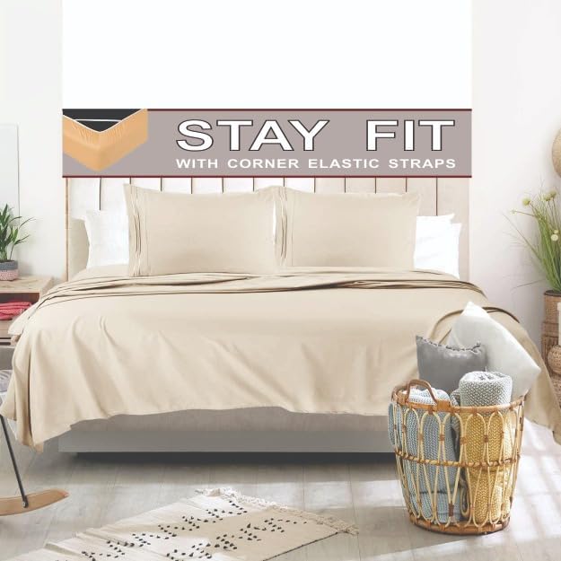 Danielco Home Products Juego de sábanas - Mantente en forma en el colchón con correas elásticas en las esquinas - California King, beige crema