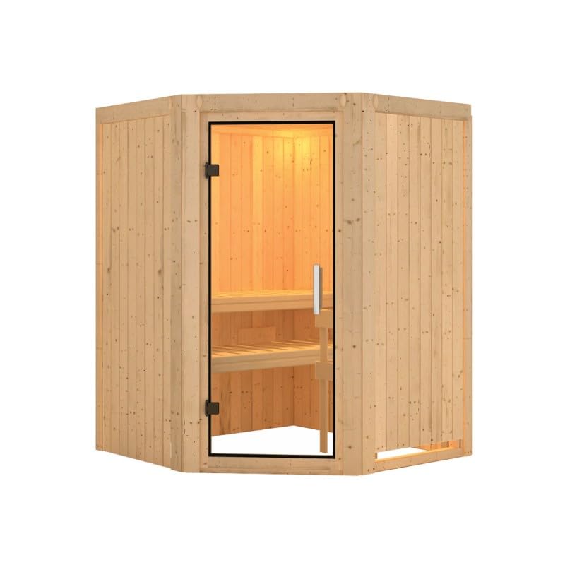 Karibu Nanja | Sauna d'Intérieur d'Angle 2-3 Places 68mm | Bois Massif, Porte Vitrée, Sans Poêle | Montage Réversible, Isolation Laine Minérale