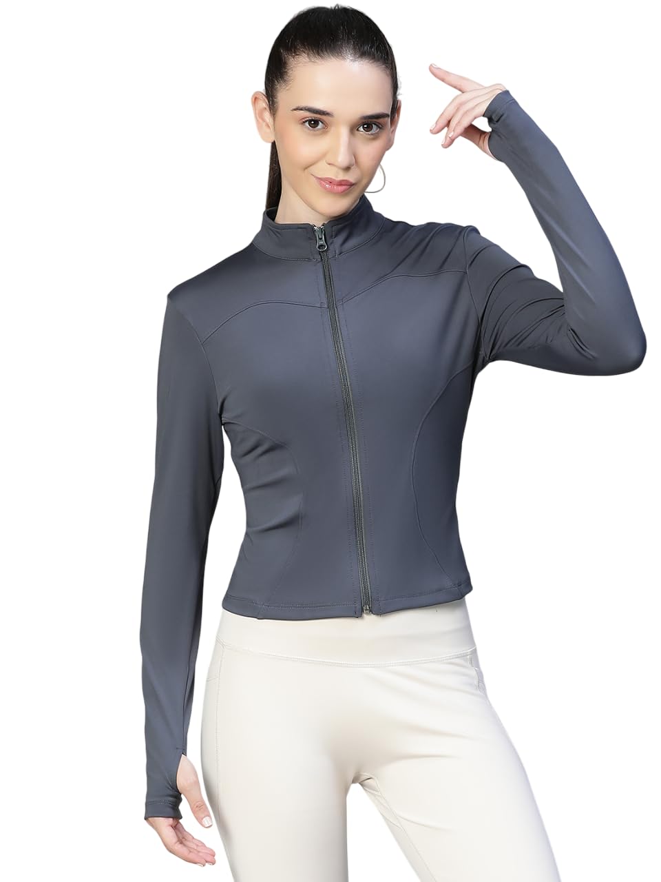 Womens Training Jacket with Thumbhole Sleeves & MockCollar |Full Zip, Quick-Dry, Stretchable, Lightweight Activewear for Gym, Yoga & Sports-image-42