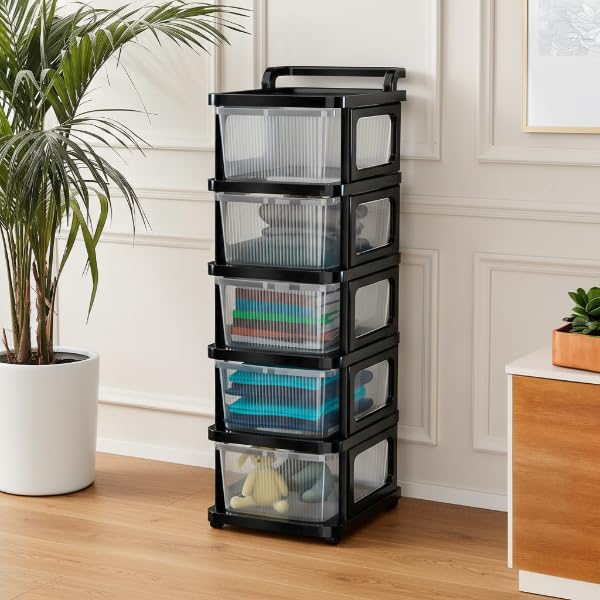 Image of KITCHIVO Heavy Duty Plastic Storage Drawer with Wheels | Modular Cabinet for Bedroom, Office, Home or Classroom| Chest of Drawers Organiser for Cosmetics, Kitchen items, Toys (Transparent, 5)