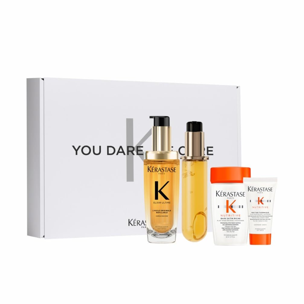 Kérastase, Routine Per Capelli Secchi e Spenti, Anti-crespo, Nutriente, Olio per Capelli + Ricarica + Shampoo e Latte Travel Size in Omaggio, Elixir Ultime + Nutritive, 75 ml + 75 ml + 80 ml + 50 ml