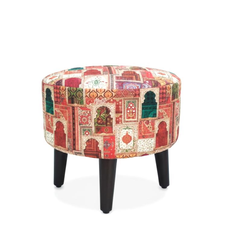 Image of Wooden Ottoman Pouffe Stool - Beige Cotton Cushioned Footrest | Solid Wood Walnut Finish Multipurpose Side Stool for Living Room, Bedroom, Kids Room & Dressing Table