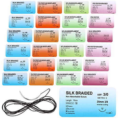 WILLBOND Suture Practice Kit Suture Thread with Needle Suture Training Assorted 2/0, 3/0, 4/0 Military Tactical Drill Camping Survival Demo Education Travel Safety for Nursing Surgical Student