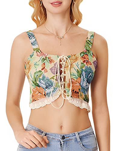 Floerns Women's Vintage Floral Lace Up Camisole Bustier Shirred Back Coset Crop Cami Tops Green Flower L