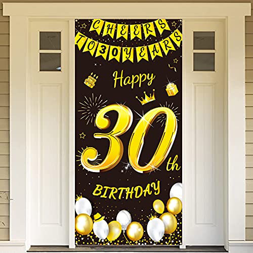 DPKOW Black Gold 30th Birthday Decoration for Man Woman, Black Gold 30th Birthday Banner for Backdrop Door Decoration, 30th Birthday Background Banner for Garden Table Wall Decoration, 185 x 90cm