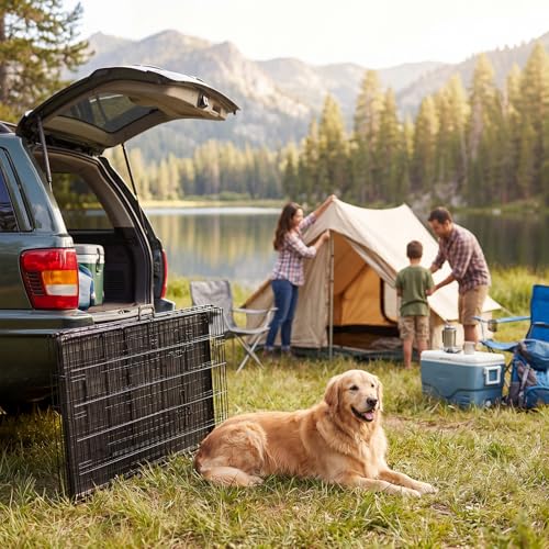 Image of Dog Crate - Extra Large 48 Inch Double Door Portable Dog Cage, Metal Wire Pet Kennel with Secure Lock, Leak-Proof Pan Tray, Foldable Design for Dogs Pets Indoor Training and Outdoor Travel