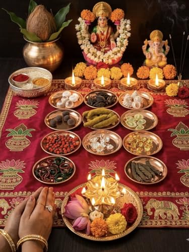 Image of 11 Sacred Lakshmi Pooja Samagri Kit (5 Pieces Each)- Kamalgatta Seeds, Gomti Chakra, Laxmi Cowrie, Red Chirmi, Haldi, Shankha, Bat Head Root, Edamuri Balamuri & Astothrama Flowers for Wealth