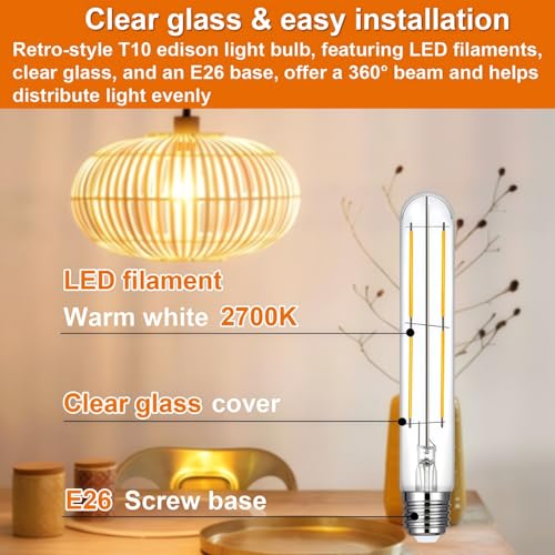 Image of Vinaco 7.3 Inch LED T10 Tubular Edison Bulb 2700K 6W Dimmable E26 Base | 6 Pack, 600LM, 60W Eq. No Flicker, Clear Glass Long Vintage Tube Bulb for Pendant, Chandelier, Wall Sconces, Piano Light