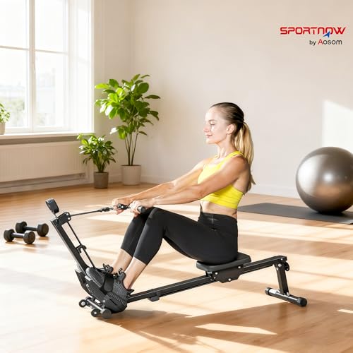 SPORTNOW Rameur pour maison, rameur compact silencieux avec résistance élastique, moniteur LCD, siège rembourré, pour entraînement tout le corps, capacité 150 kg, gain de place, noir – Image 3