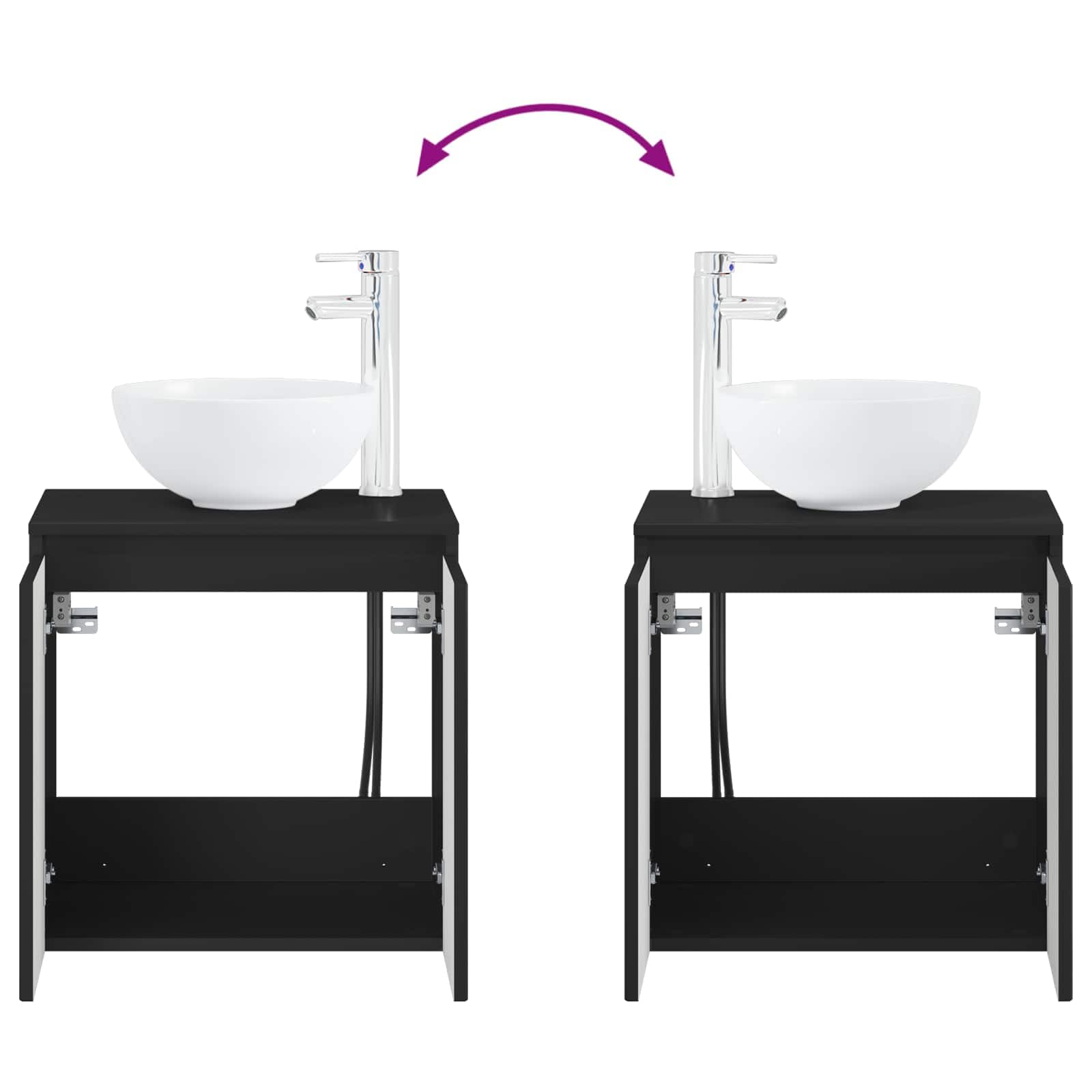 Lavabo da parete nero in legno 49,5 x 35 x 63 cm con scarico rapido, vano portaoggetti, montaggio per mobili da bagno ospiti WC e bagno ristrutturazione