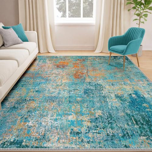 Washable Area Rugs 5'x7' Non-Slip Modern Abstract Soft for Living Room Entryway Bedroom Nursery, Print Pattern, Teal Blue Green Orange Rust Red Colorful