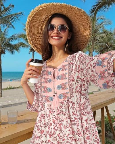 Image of Vivilli Womens Summer Boho Babydoll Tops 3 /4 Sleeve Pleated Peplum Blouses Casual V Neck Tie Front 2026 Tunic Tops